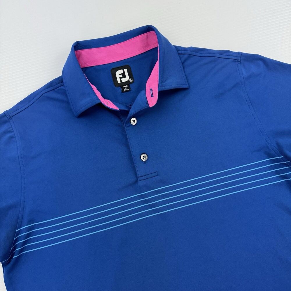 FootJoy Golf Polo Shirt Blue Pink Stripe Performance Men Large Athletic